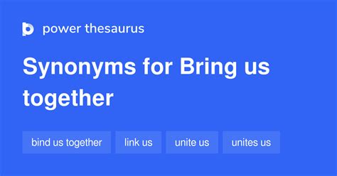 Bring together synonym - thesaurus. words. phrases. idioms. Parts of speech. verbs. suggest new. Another way to say Bring People Together? Synonyms for Bring People Together (other words and …